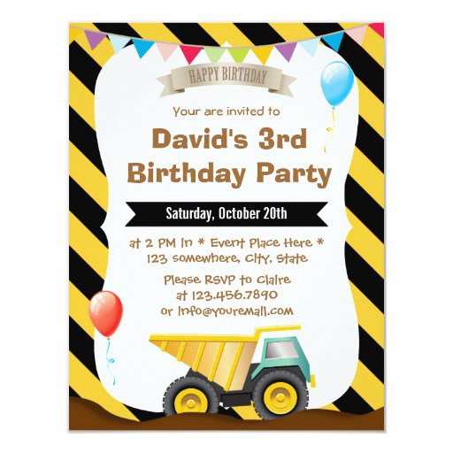 Boys Construction Birthday Party Invitations 4.25" X 5.5" Invitation Card (front side)