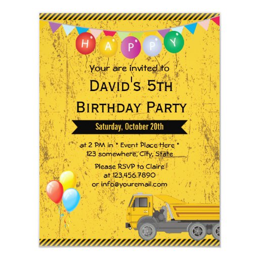 Balloons & Truck Construction Birthday Party 4.25x5.5 Paper Invitation Card (front side)
