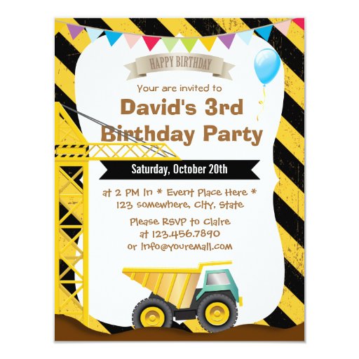Boys Construction Theme Birthday Party Invitations 4.25" X 5.5" Invitation Card (front side)