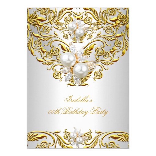 Royal Gold on White Pearl Elegant Birthday Party 4.5x6.25 Paper Invitation Card (front side)