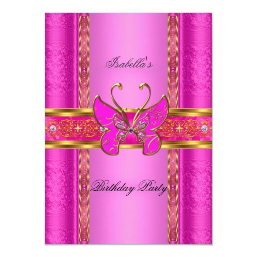Elegant Elite Hot Pink Gold Butterfly Party 4.5x6.25 Paper Invitation Card