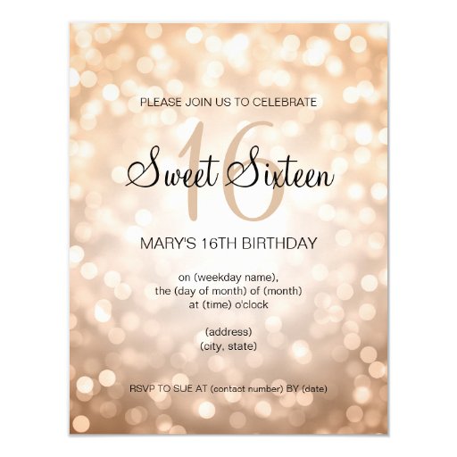 Elegant Sweet 16 Birthday Copper Glitter Lights 4.25x5.5 Paper Invitation Card