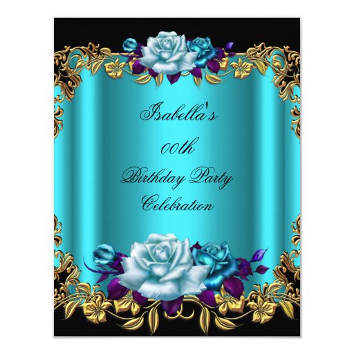 Elegant Golden Teal Blue Purple Roses Birthday 4.25x5.5 Paper Invitation Card