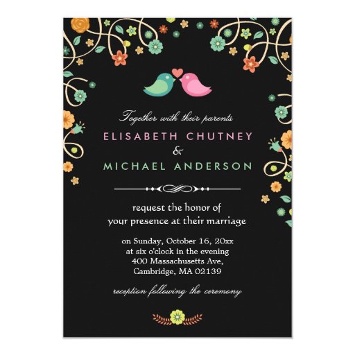 Stylish Modern Swirl Floral Love Birds Wedding 5x7 Paper Invitation Card