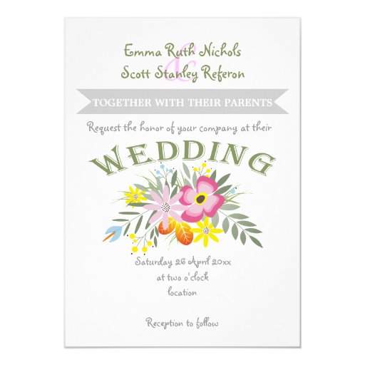 Folklore pink flowers modern floral wedding 5x7 paper invitation card