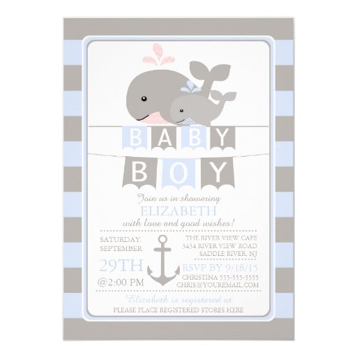 Cute whale Boy Baby Shower Invitation 5" X 7" Invitation Card (front side)