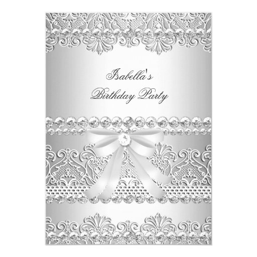Elegant Silver Diamond White Lace Birthday Party 5x7 Paper Invitation Card