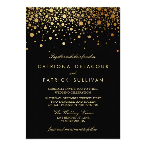 Faux Gold Foil Confetti Black Wedding Invitation 5" X 7" Invitation Card (front side)
