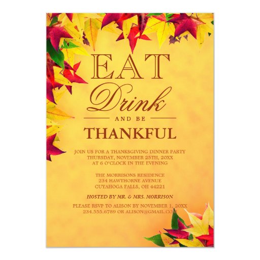 Gold Red Autumn Leaves Thanksgiving Dinner Party 5x7 Paper Invitation Card