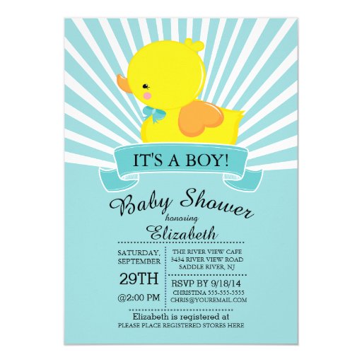 Modern Rubber Duck Boys Baby Shower Invitation 5" X 7" Invitation Card (front side)