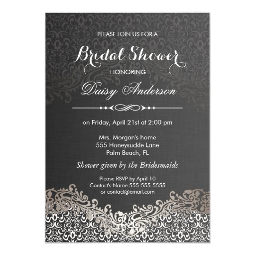 Bridal Shower - Elegant Black Silver Damask 5x7 Paper Invitation Card (front side)