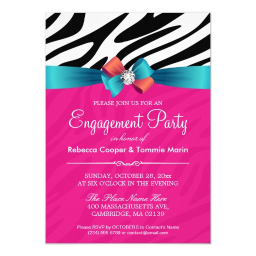 Engagement Party - Hot Pink Zebra Print Ribbon Bow 5x7 Paper Invitation Card (front side)