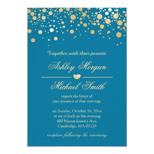 Royal Blue with Gold Confetti Polka Dots Wedding 5x7 Paper Invitation Card (front side)