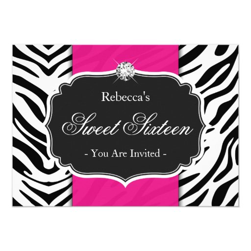 Zebra Print Hot Pink Sweet 16 Sweet Sixteen Party 5x7 Paper Invitation Card (front side)