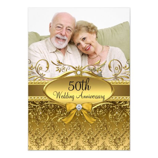 Elegant Gold Damask Photo 50th Anniversary Invite 5" X 7" Invitation Card (front side)