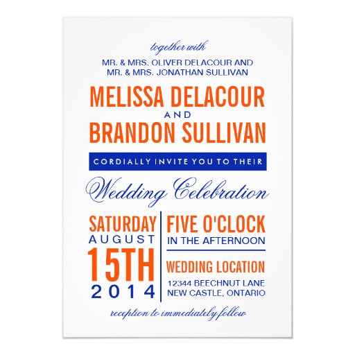 Orange & Navy Modern Typography Wedding Invitation 5" X 7" Invitation C...