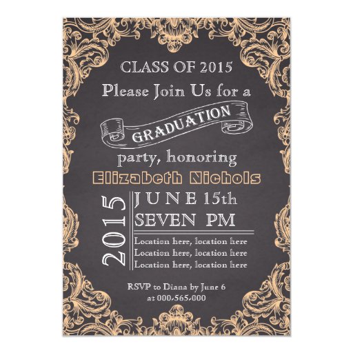 Class of 2015 chalkboard peach graduation 5x7 paper invitation card (front side)