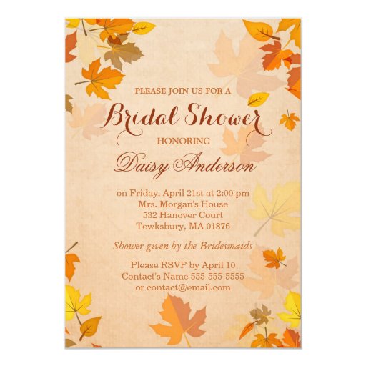Vintage Rustic Autumn Leaves Wedding Bridal Shower 5x7 Paper Invitation Card (front side)