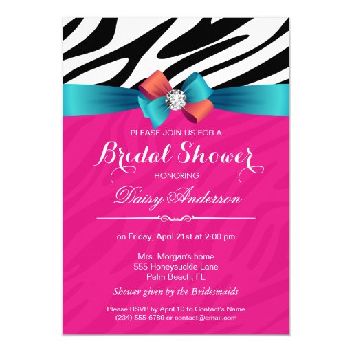 Bridal Shower - Hot Pink Zebra Print Ribbon Bow 5x7 Paper Invitation Card