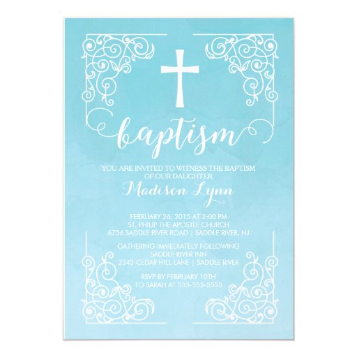 Modern Watercolor Baptism Christening Cross 5x7 Paper Invitation Card (front side)