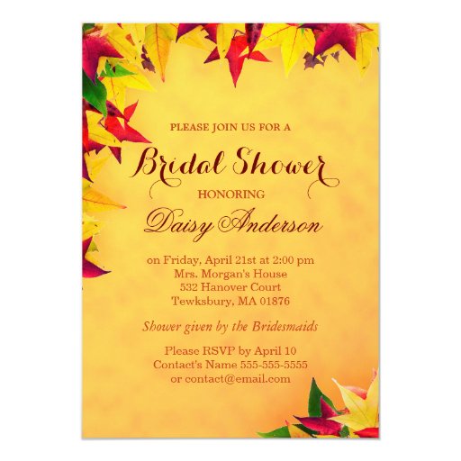 Autumn Maple Gold Red Leaves Bridal Shower Wedding 5x7 Paper Invitation Card (front side)