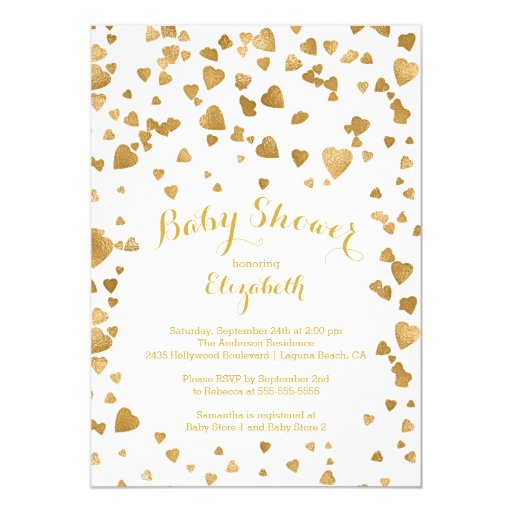 Modern Gold Confetti Hearts Baby Shower Invitation 5" X 7" Invitation Card (front side)