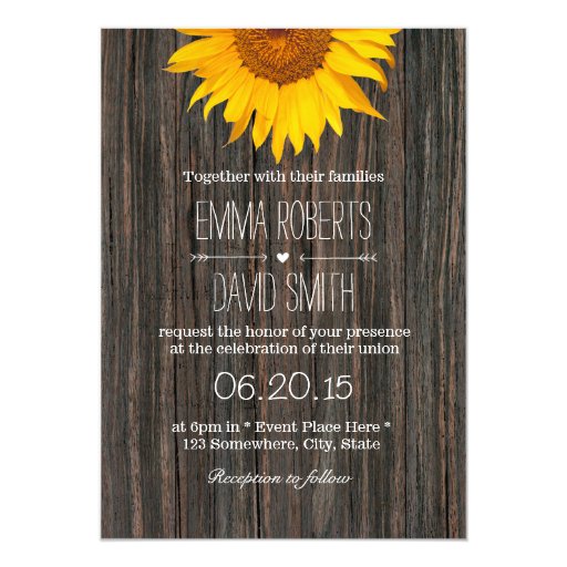 Rustic Dark Wood Background Sunflower Wedding 5x7 Paper Invitation Card (front side)