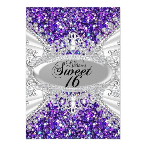 Purple Glitter & Diamond Tiara Sweet 16 Invite 5" X 7" Invitation Card (front side)