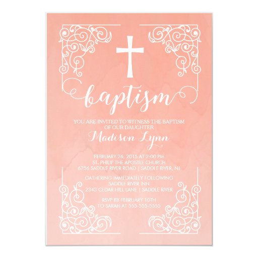 Modern Watercolor Girls Baptism Christening Cross 5x7 Paper Invitation Card (front side)