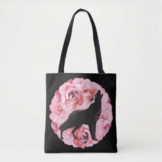 Black Wolf with Pink Roses Tote Bag