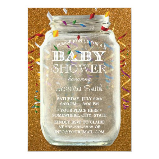 Chic Gold Glitter Confetti Mason Jar Baby Shower 4.5x6.25 Paper Invitation Card