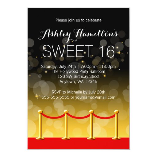 Modern Gold Red Carpet Hollywood Sweet 16 4.5x6.25 Paper Invitation Card (front side)
