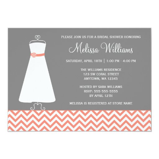 Modern Chevron Gown Coral Gray Bridal Shower 4.5x6.25 Paper Invitation Card (front side)