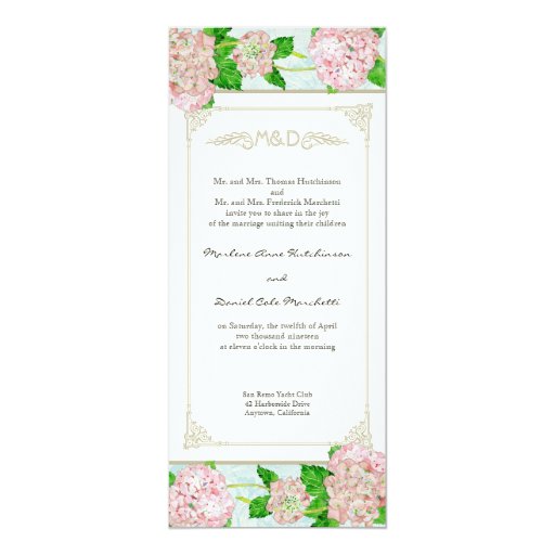 Pink Hydrangea Lace Floral Formal Elegant Weddings 4x9.25 Paper Invitation Card (front side)