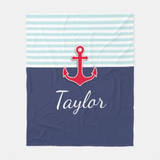 Custom Navy Blue Mint Striped Nautical Design Fleece Blanket