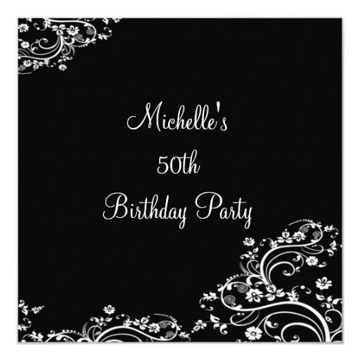 Elegant Black & White Floral 50th Birthday Party 5.25x5.25 Square Paper Invitation Card (front side)