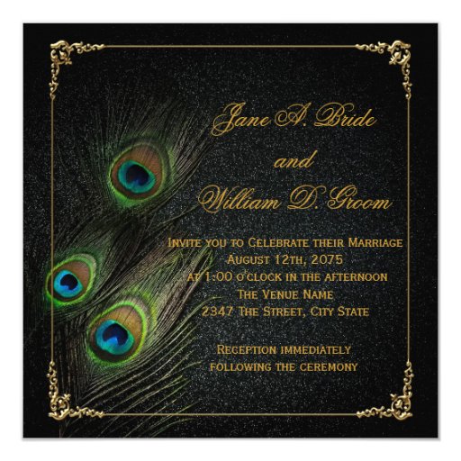 Elegant Black and Gold Peacock Wedding 5.25x5.25 Square Paper Invitation Card