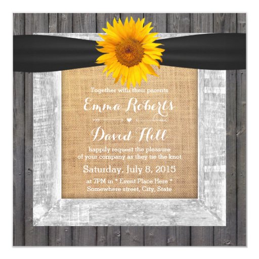 Rustic Barn Wood Framed Sunflower Wedding 5.25x5.25 Square Paper Invitation Card (front side)
