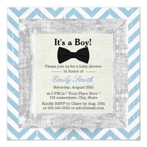 Blue Chevron Stripes Bow Tie Boy Baby Shower 5.25x5.25 Square Paper Invitation Card (front side)