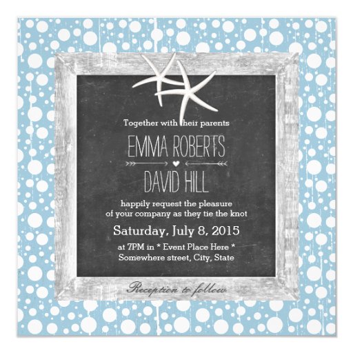 Nautical Bubbles Wood Framed Starfish Wedding 5.25x5.25 Square Paper Invitation Card (front side)