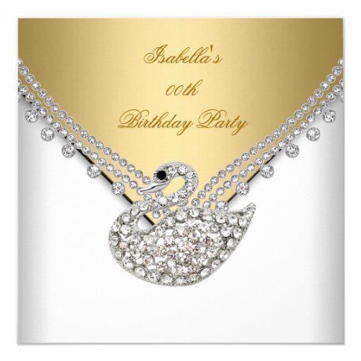 Gold White Swan Elegant Birthday Party 5.25x5.25 Square Paper Invitation Card (front side)