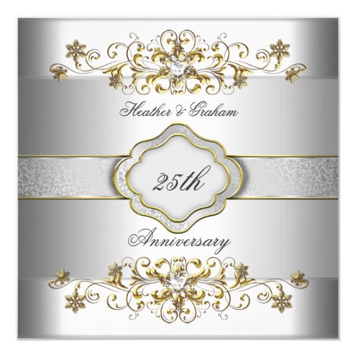 Elegant 25th Anniversary Silver White Gold Templat 5.25x5.25 Square Paper Invitation Card (front side)