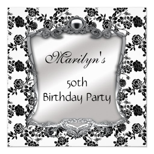 Invite Elegant 50th Birthday Silver Black White Fl 5.25" Square Invitation Card (front side)