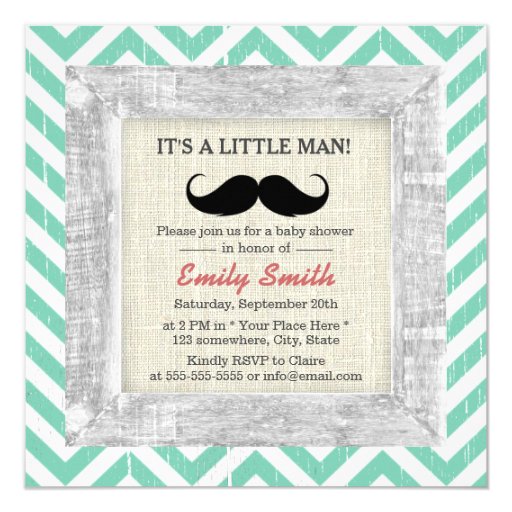 Mint Green Chevron Stripe Mustache Boy Baby Shower 5.25x5.25 Square Paper Invitation ...