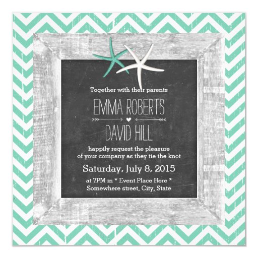 Rustic Teal Chevron Wood Framed Starfish Wedding 5.25x5.25 Square Paper Invitation Card (front side)