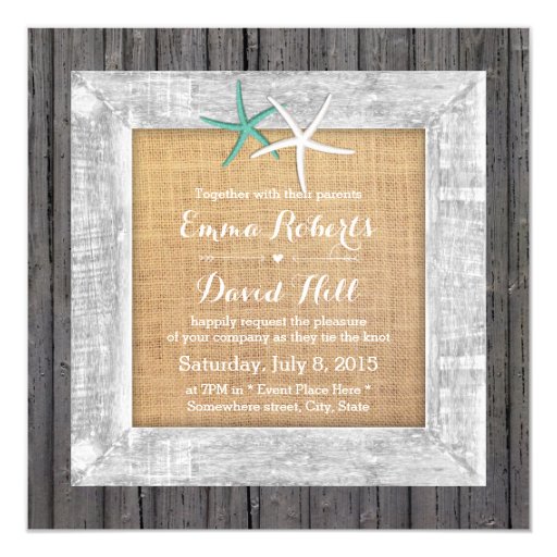 Vintage Weathered Wood Framed Starfish Wedding 5.25x5.25 Square Paper Invitation Card (front side)