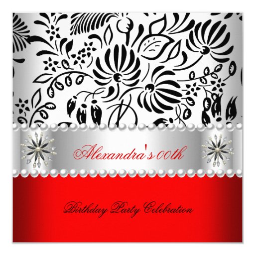 Elegant Red Black White Damask Pearl Party 5.25x5.25 Square Paper Invitation Card