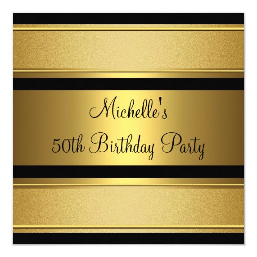 Elegant Black & Gold Metal 50th Birthday Party 5.25x5.25 Square Paper Invitation ...