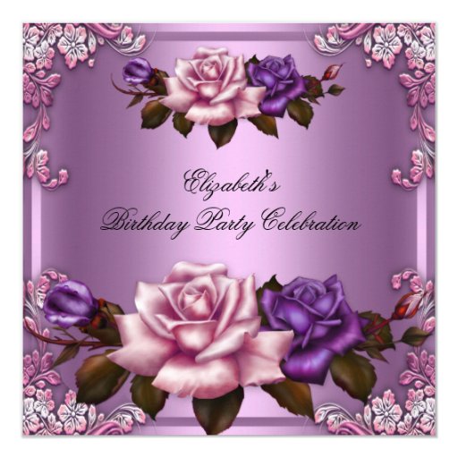 Pink Purple Roses Elegant Birthday Party 5.25x5.25 Square Paper Invitation Card (front side)
