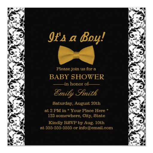 Classy Damask Golden Bow Tie Baby Shower 5.25x5.25 Square Paper Invitation Card